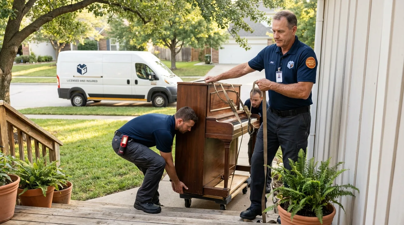 Licensed piano movers securing grand piano in Anthony, TX