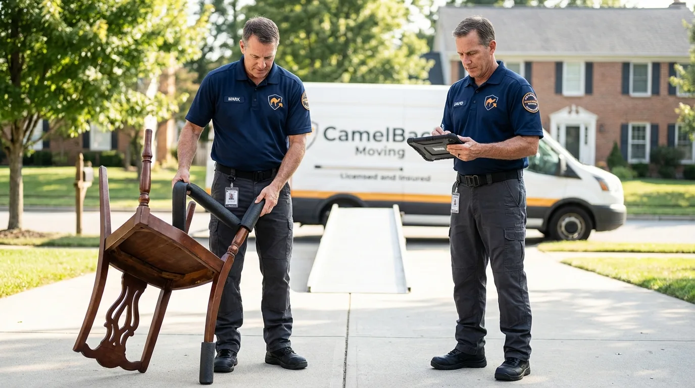 Movers inspecting furniture for damage prevention before loading in Anthony, TX