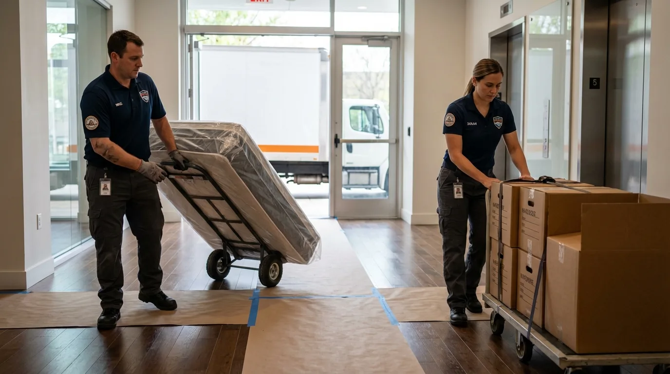 Professional apartment movers loading elevator in Anthony, TX